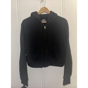 Hollister Hoodie Womens Large Black Zip Up Cropped Sweatshirt Fleece Lined
